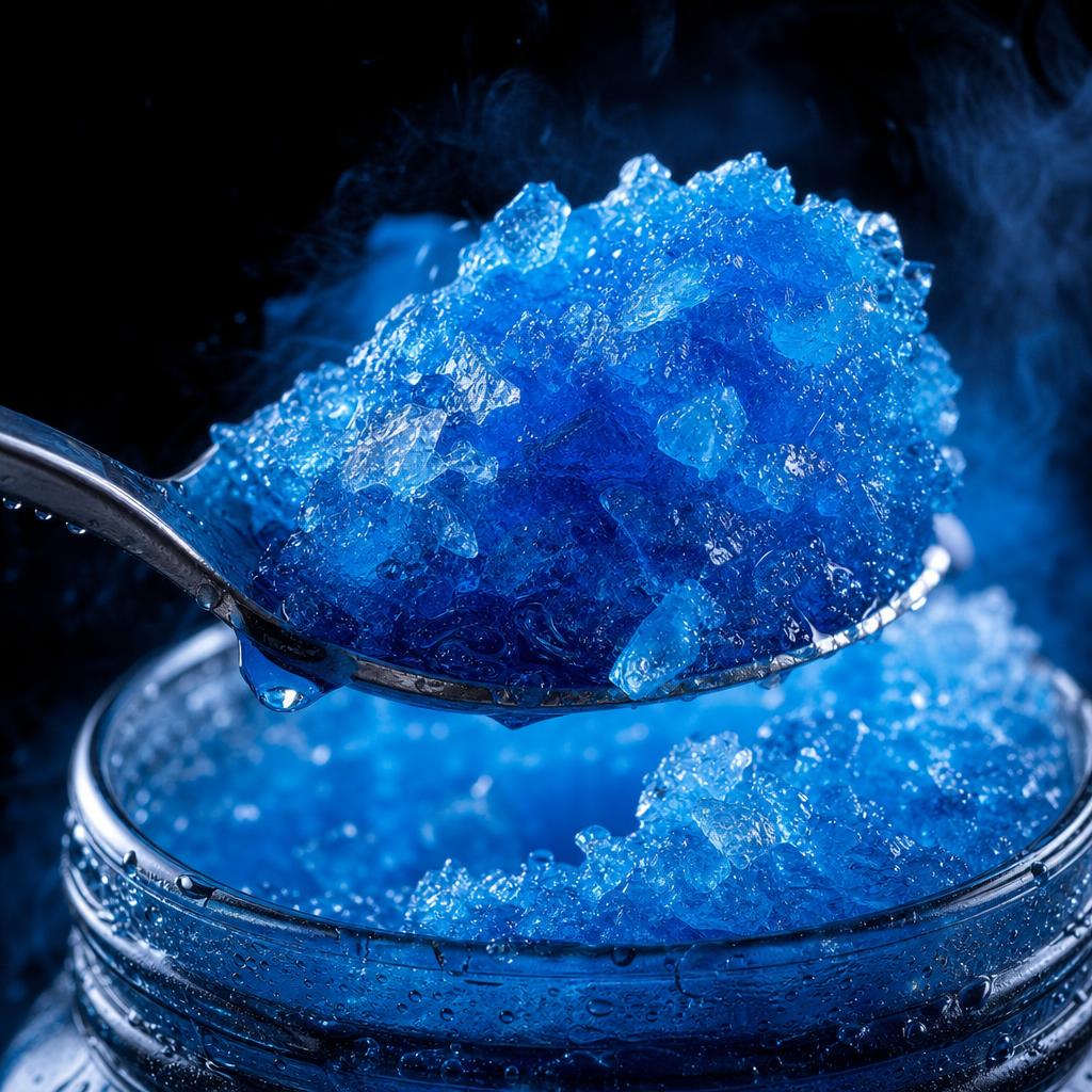 Macro close-up of soft blue FROSTLYTE electrolyte ice crystals on a spoon